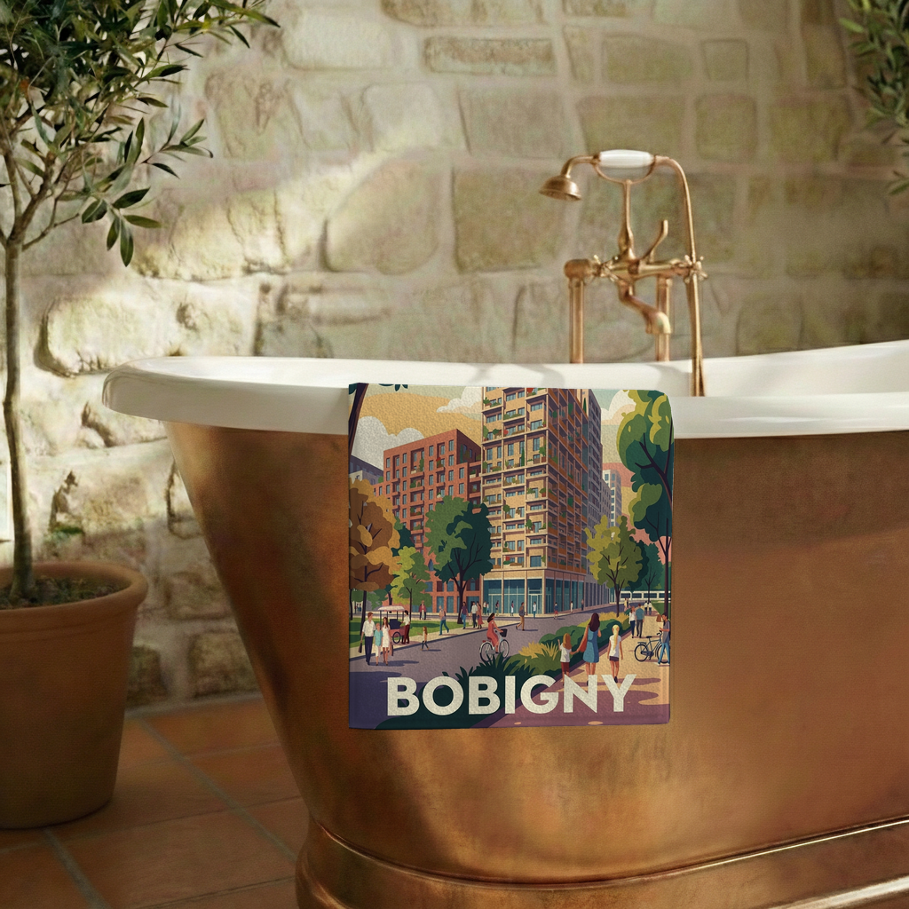 Serviette de bain souvenir de la ville de Bobigny avec une illustration urbaine stylisée.