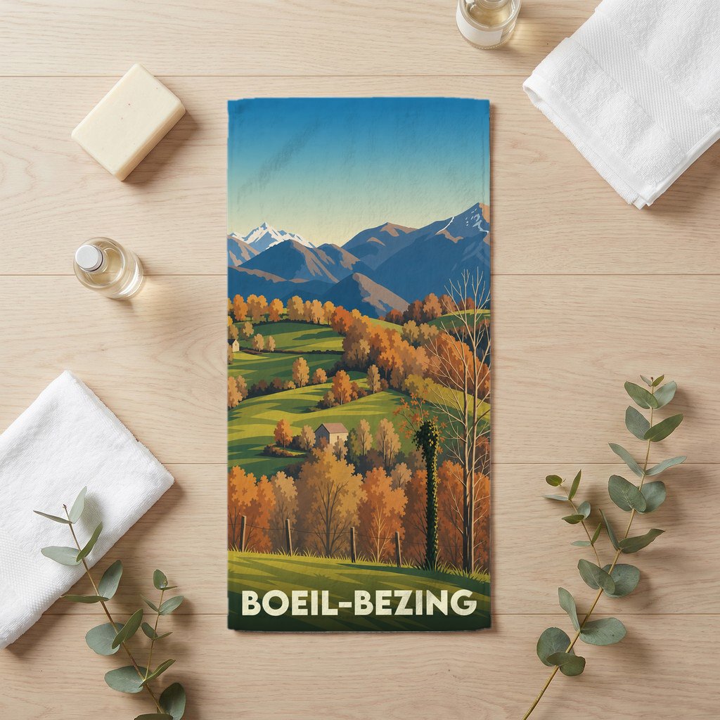 Serviette de bain souvenir de la ville de Boeil-Bezing avec une illustration de paysages montagneux.