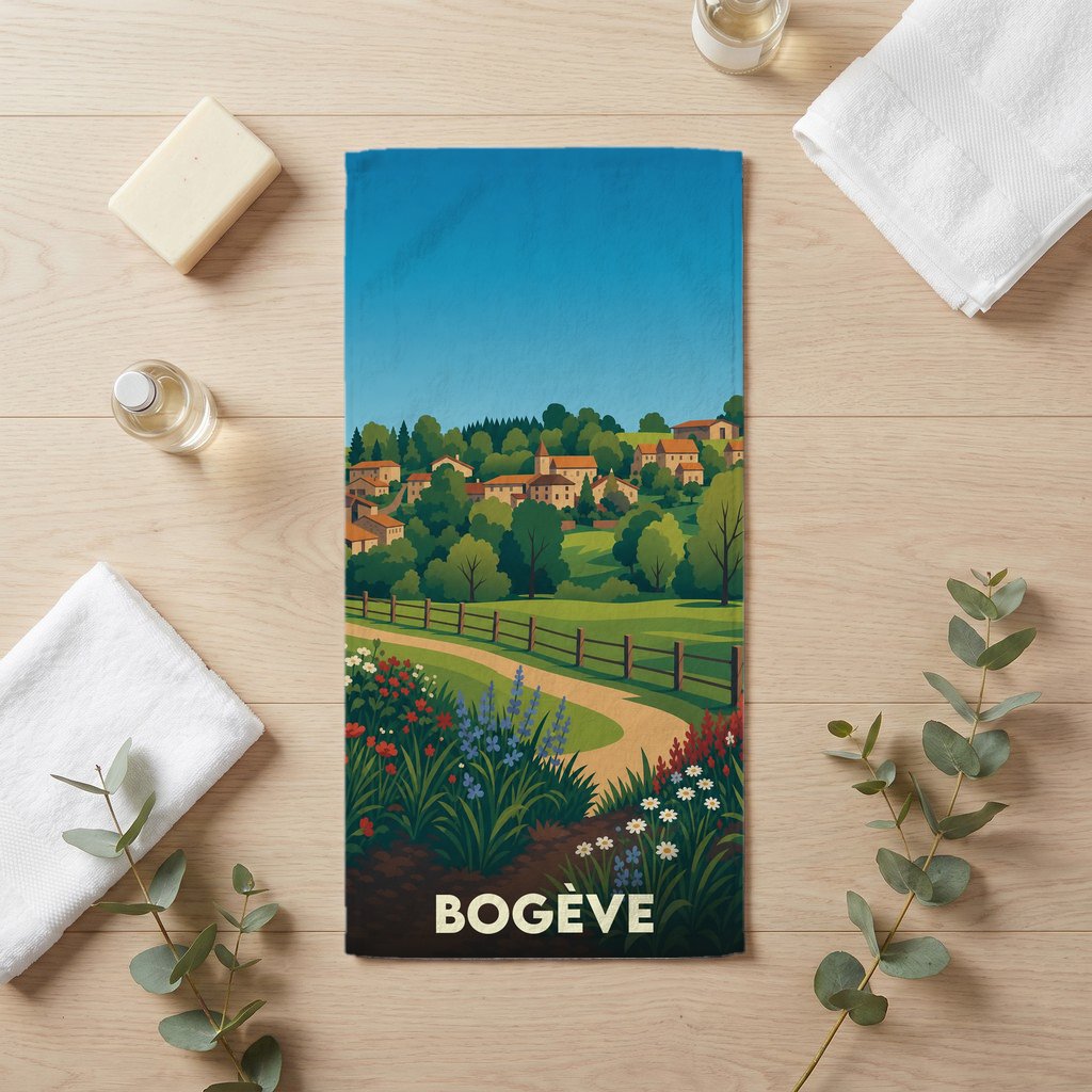 Serviette de bain souvenir de la ville de Bogève avec une illustration stylisée de paysage champêtre.