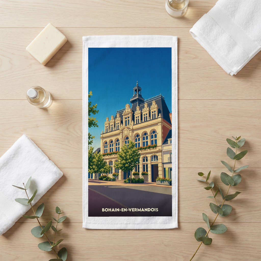 Serviette de bain souvenir de la ville de Bohain-en-Vermandois avec une illustration stylisée de son hôtel de ville.