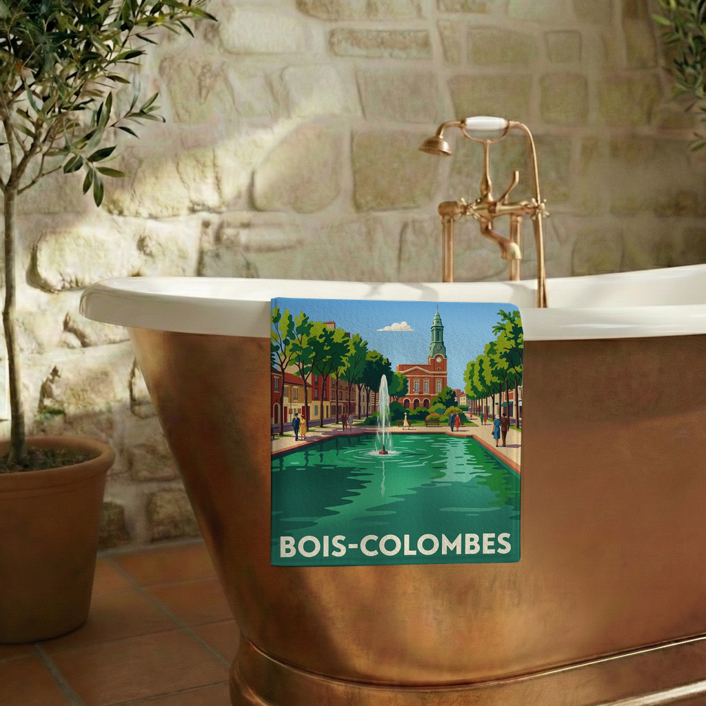 Serviette de bain souvenir de la ville de Bois-Colombes avec une illustration stylisée.