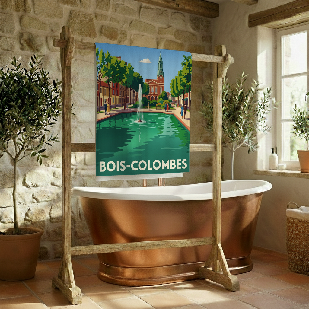 Serviette de bain souvenir de la ville de Bois-Colombes avec une illustration stylisée d'un parc et d'une fontaine.
