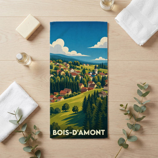 Serviette de bain souvenir de la ville de Bois-d'Amont avec une illustration de paysage de montagne.