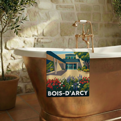 Serviette de bain souvenir de la ville de Bois-d'Arcy avec une illustration stylisée.