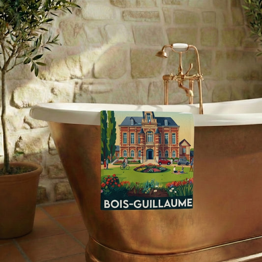 Serviette de bain souvenir de la ville de Bois-Guillaume avec une illustration stylisée.