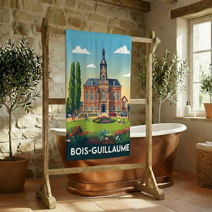 Serviette de bain souvenir de la ville de Bois-Guillaume avec une illustration stylisée de son hôtel de ville.