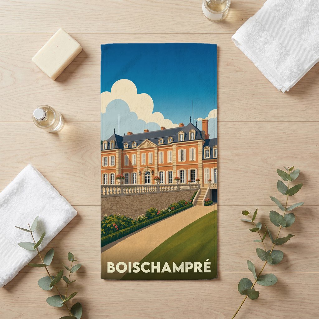 Serviette de bain souvenir de la ville de Boischampré avec une illustration stylisée de son château.