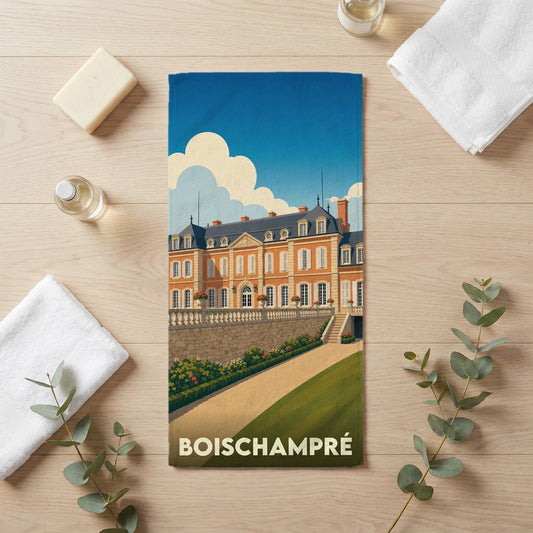 Serviette de bain souvenir de la ville de Boischampré avec une illustration stylisée de son château.