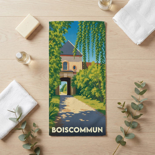 Serviette de bain souvenir de la ville de Boiscommun avec une illustration stylisée d'un porche ancien entouré de verdure.