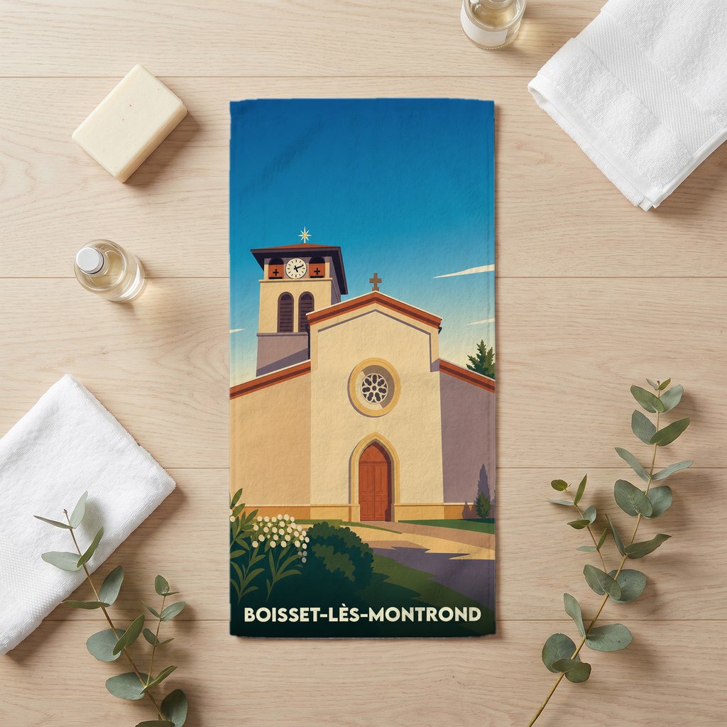 Serviette de bain souvenir de la ville de Boisset-lès-Montrond avec une illustration stylisée de son église.