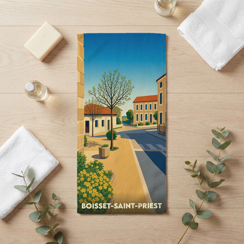 Serviette de bain souvenir de la ville de Boisset-Saint-Priest avec une illustration stylisée d'une rue ensoleillée.