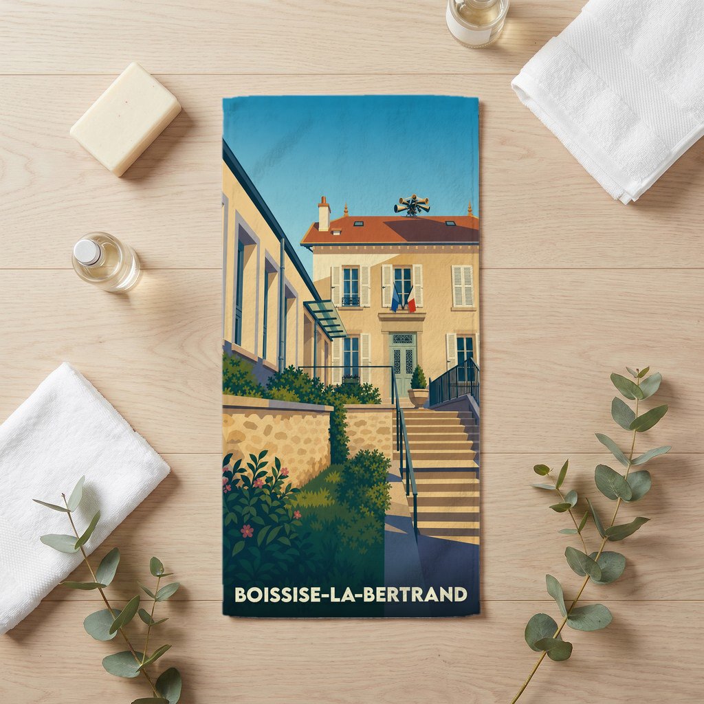Serviette de bain souvenir de la ville de Boissise-la-Bertrand avec une illustration stylisée.