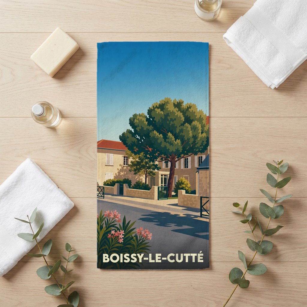 Serviette de bain souvenir de la ville de Boissy-le-Cutté avec une illustration stylisée.