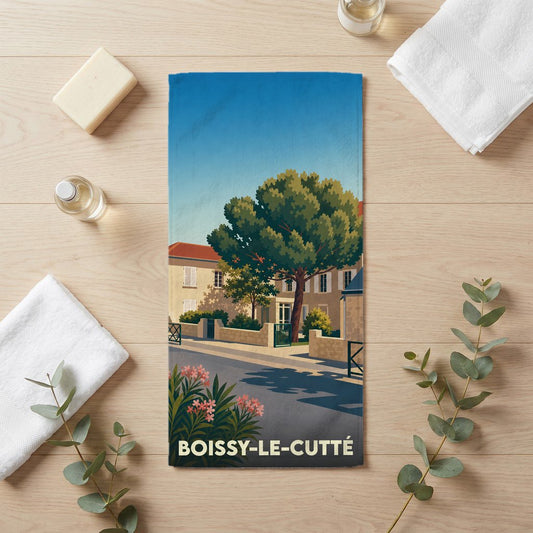 Serviette de bain souvenir de la ville de Boissy-le-Cutté avec une illustration stylisée.
