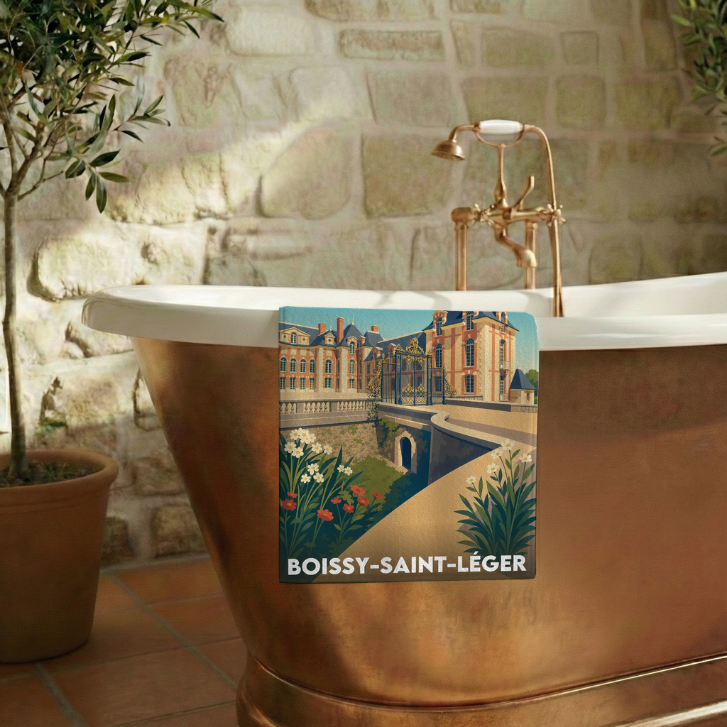 Serviette de bain souvenir de la ville de Boissy-Saint-Léger avec une illustration stylisée.