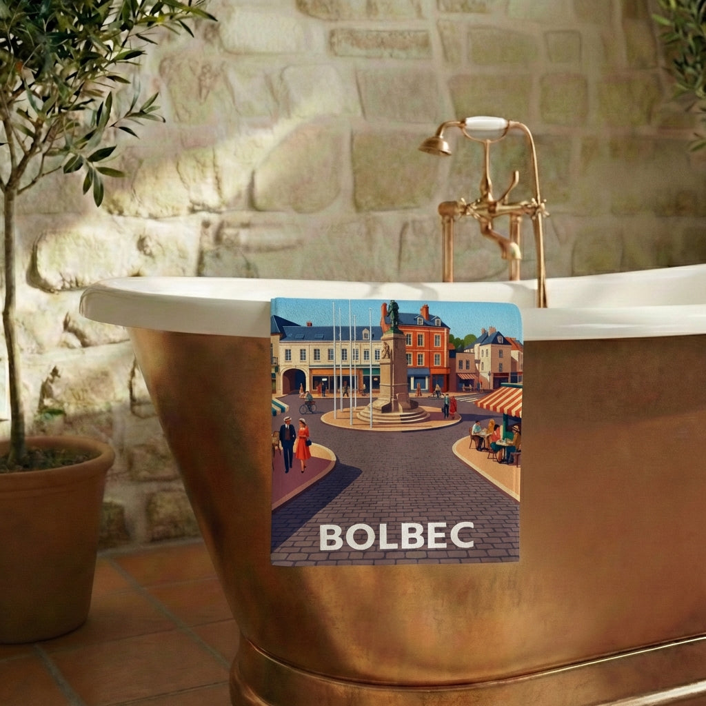 Serviette de bain souvenir de la ville de Bolbec avec une illustration stylisée.