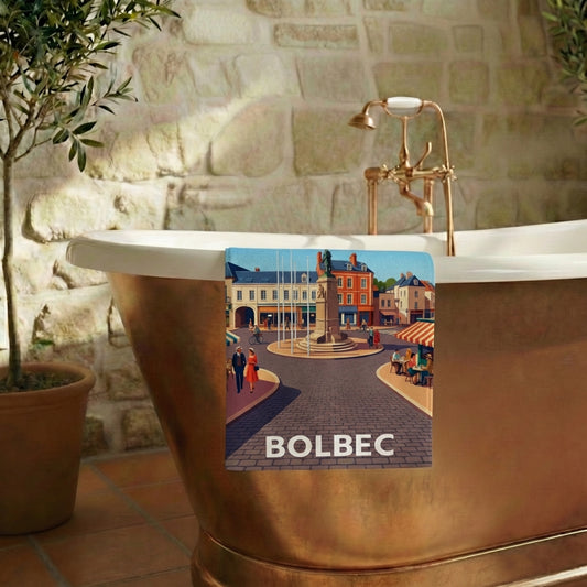Serviette de bain souvenir de la ville de Bolbec avec une illustration stylisée.