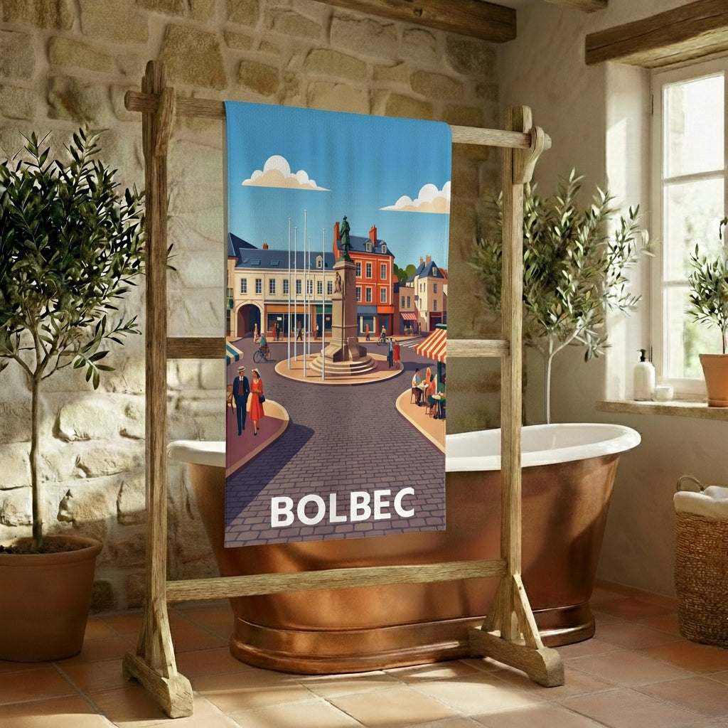 Serviette de bain souvenir de la ville de Bolbec avec une illustration stylisée.