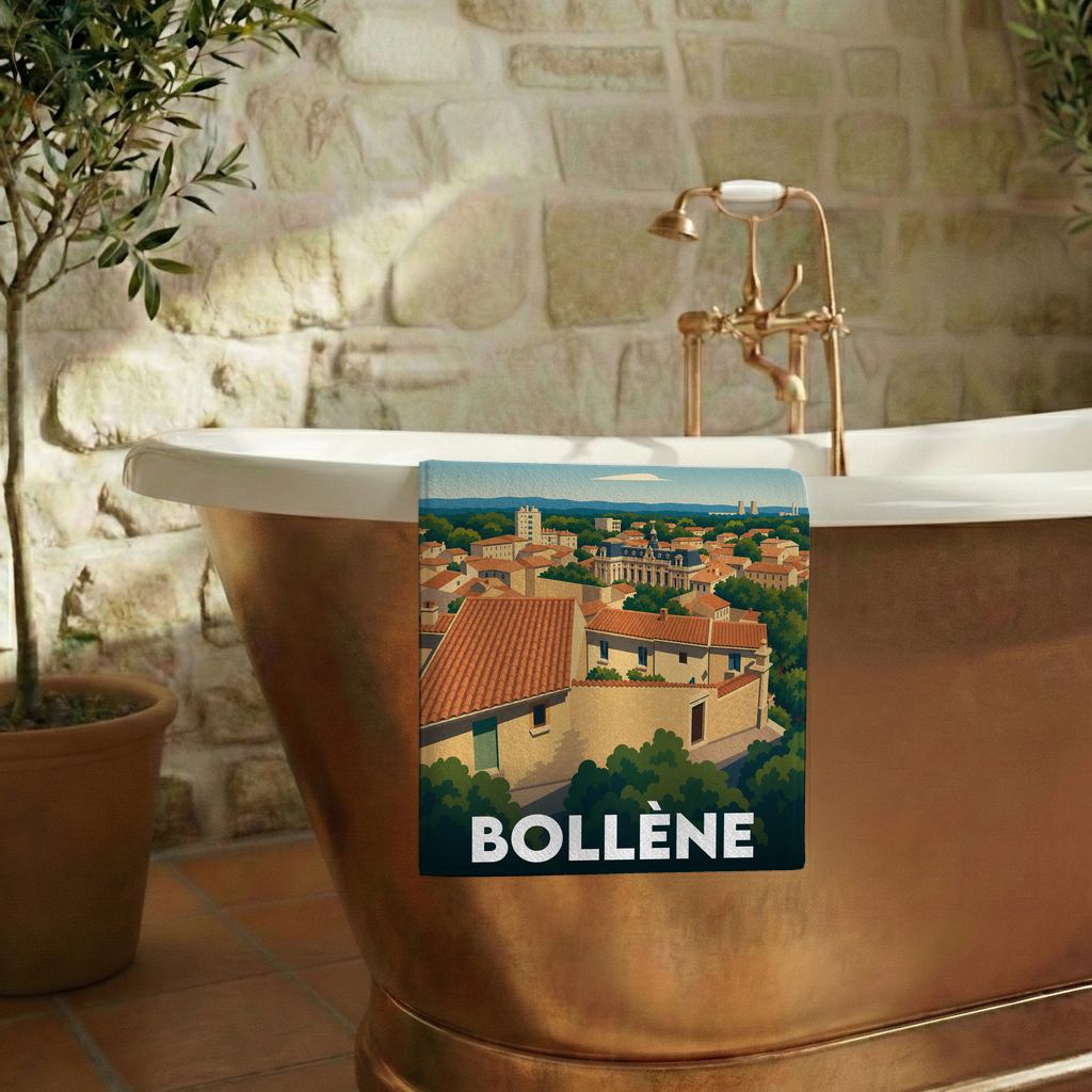 Serviette de bain souvenir de la ville de Bollène avec une illustration stylisée.