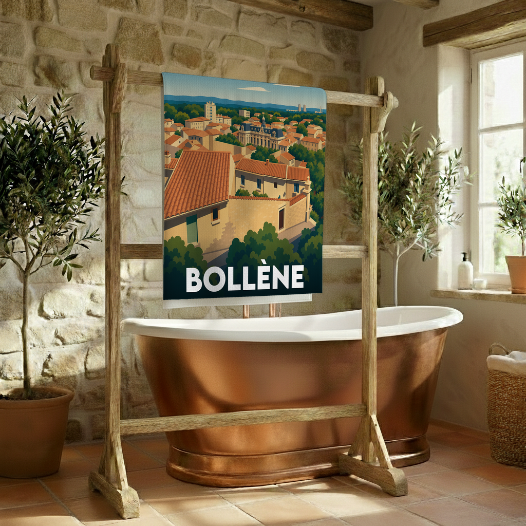 Serviette de bain souvenir de la ville de Bollène avec une illustration stylisée.