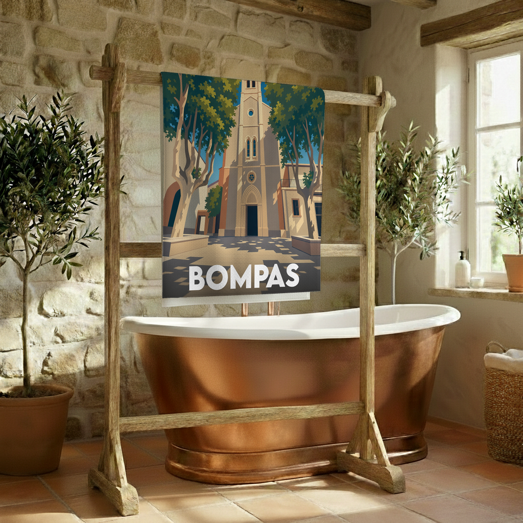Serviette de bain souvenir de la ville de Bompas avec une illustration stylisée.