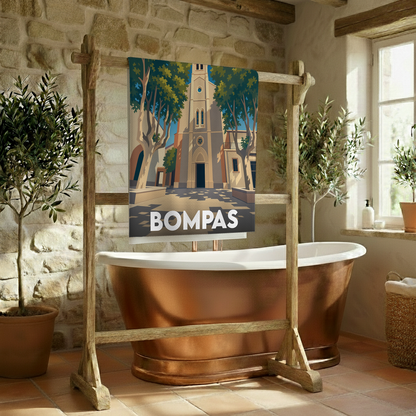 Serviette de bain souvenir de la ville de Bompas avec une illustration stylisée.