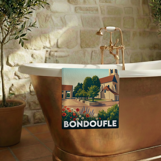 Serviette de bain souvenir de la ville de Bondoufle avec une illustration stylisée.