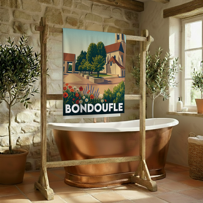 Serviette de bain souvenir de la ville de Bondoufle avec une illustration stylisée.