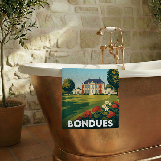 Serviette de bain souvenir de la ville de Bondues avec une illustration stylisée d'un château.