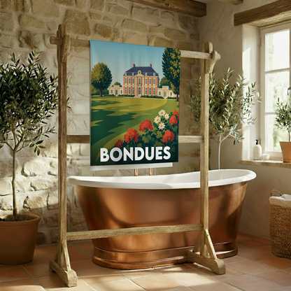 Serviette de bain souvenir de la ville de Bondues avec une illustration stylisée d'un château.