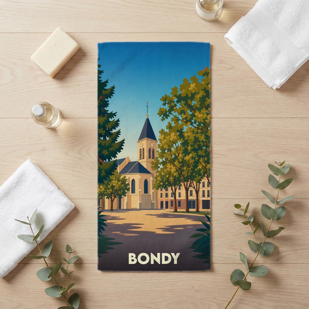 Serviette de bain souvenir de la ville de Bondy avec une illustration stylisée.