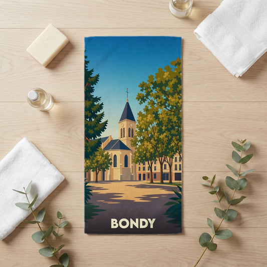 Serviette de bain souvenir de la ville de Bondy avec une illustration stylisée.