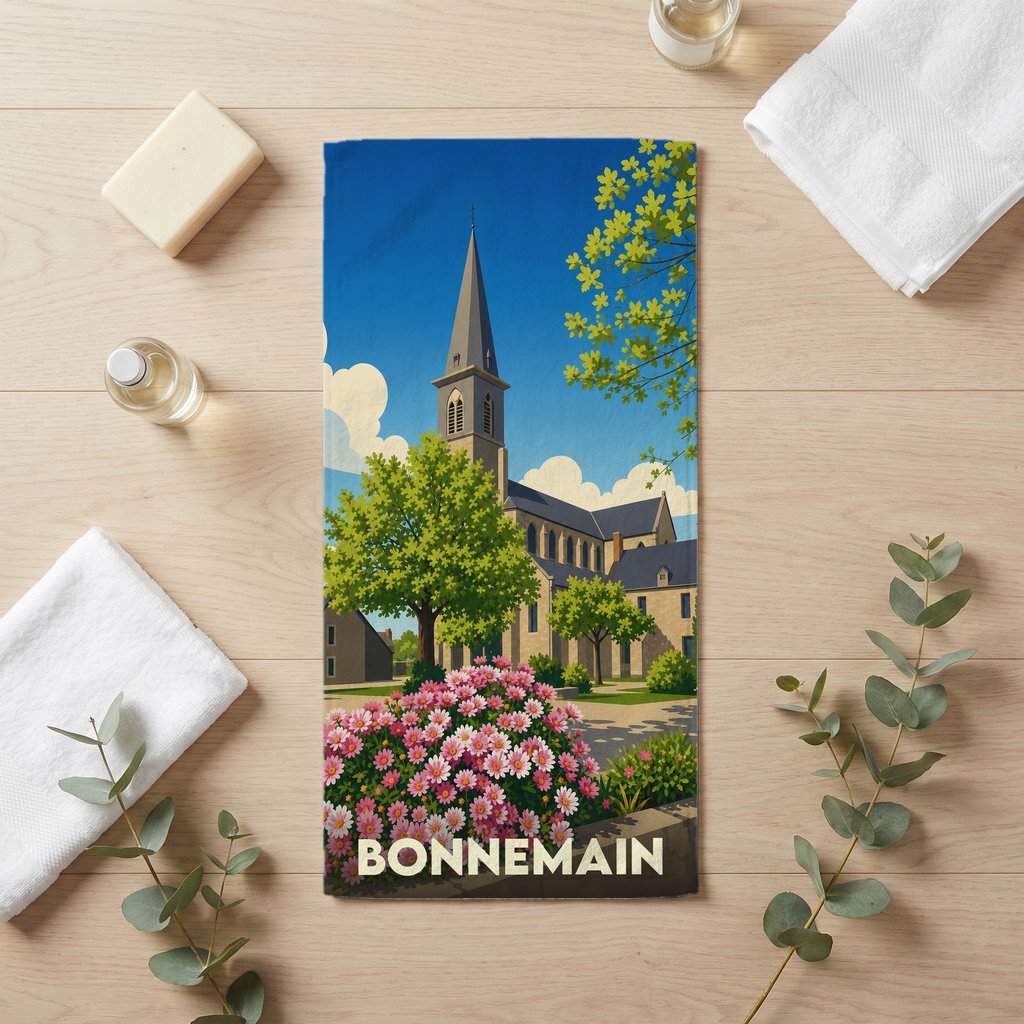 Serviette de bain souvenir de la ville de Bonnemain illustrée avec son église et des fleurs.