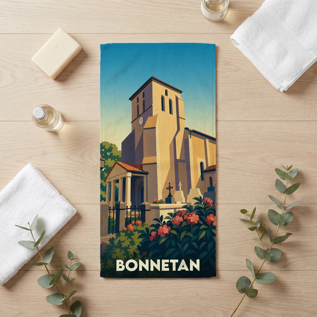Serviette de bain souvenir de la ville de Bonnetan avec une illustration stylisée de son église.