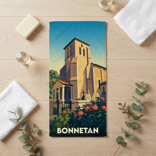 Serviette de bain souvenir de la ville de Bonnetan avec une illustration stylisée de son église.