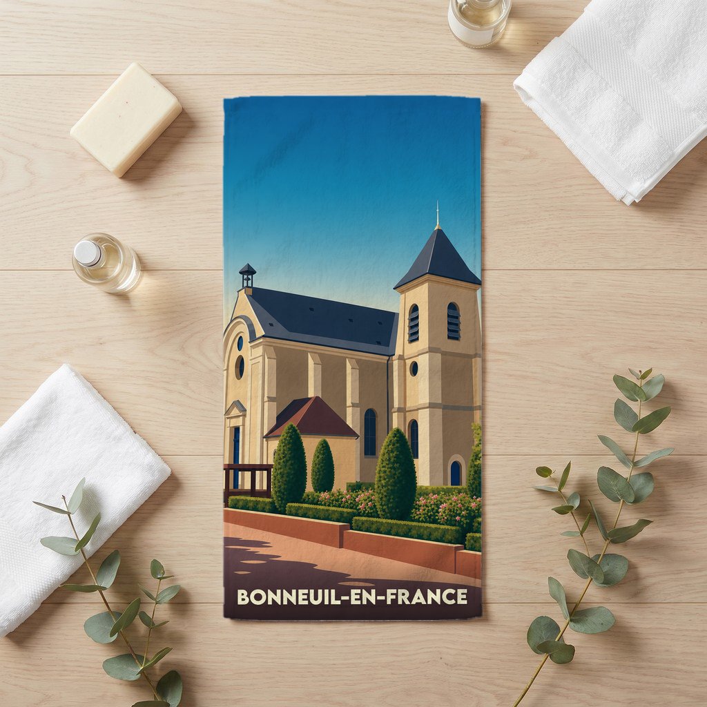 Serviette de bain souvenir de la ville de Bonneuil-en-France illustrée par son église stylisée.