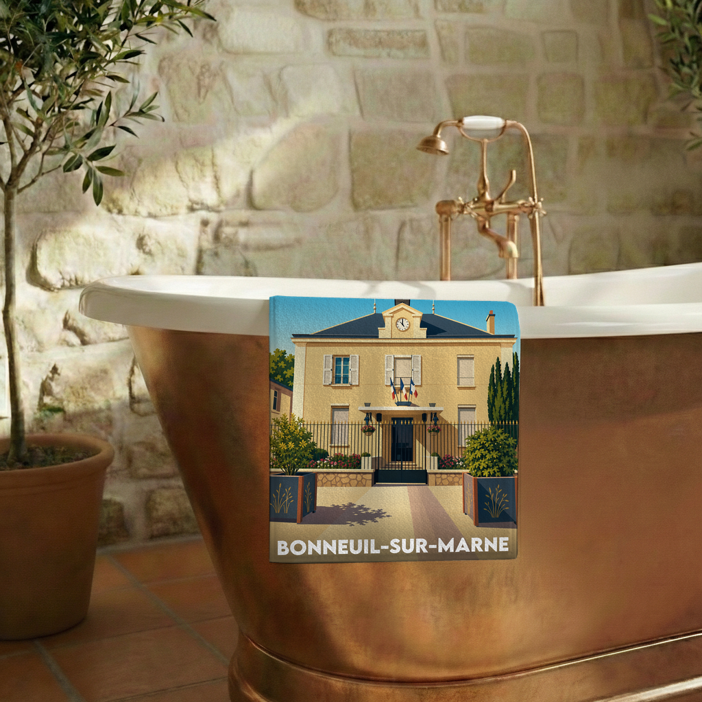 Serviette de bain souvenir de la ville de Bonneuil-sur-Marne avec une illustration stylisée.