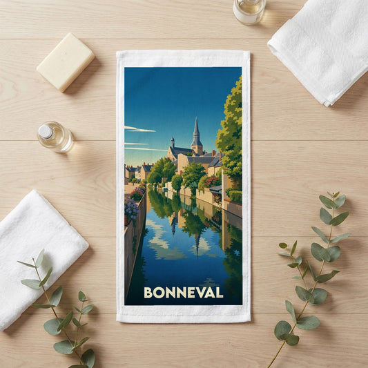 Serviette de bain souvenir de la ville de Bonneval avec une illustration stylisée.