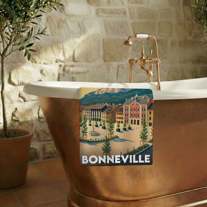 Serviette de bain souvenir de la ville de Bonneville avec une illustration stylisée.