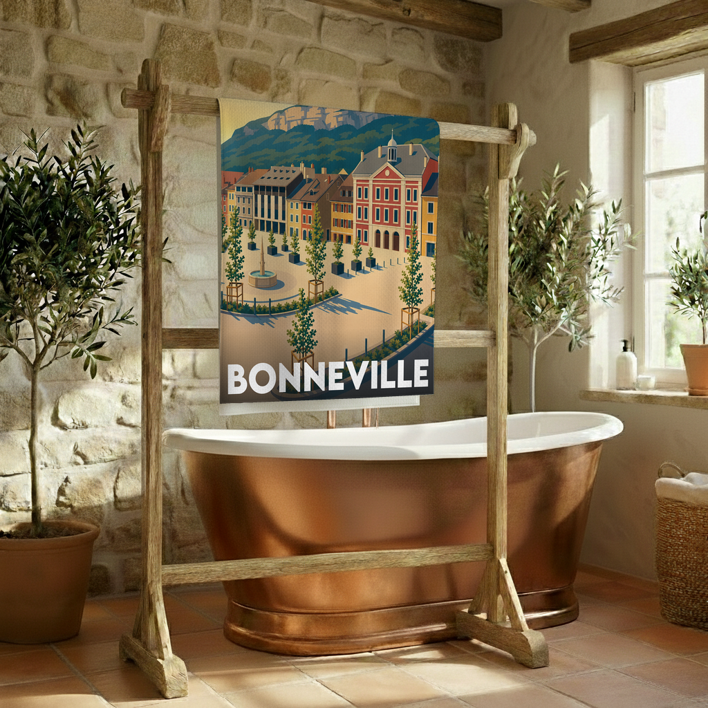 Serviette de bain souvenir de la ville de Bonneville avec une illustration stylisée.