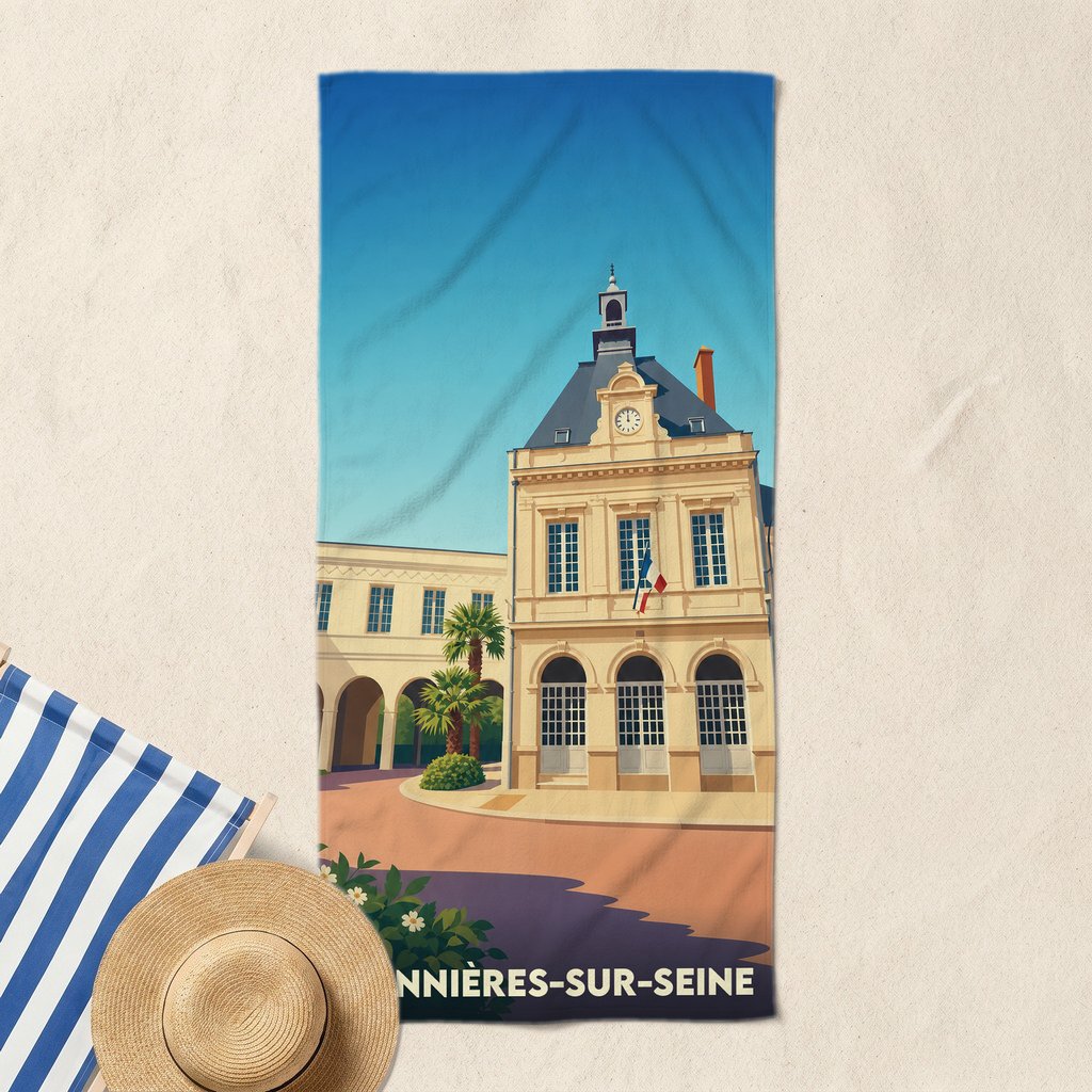 Serviette de bain souvenir de la ville de Bonnières-sur-Seine avec une illustration stylisée de son hôtel de ville.
