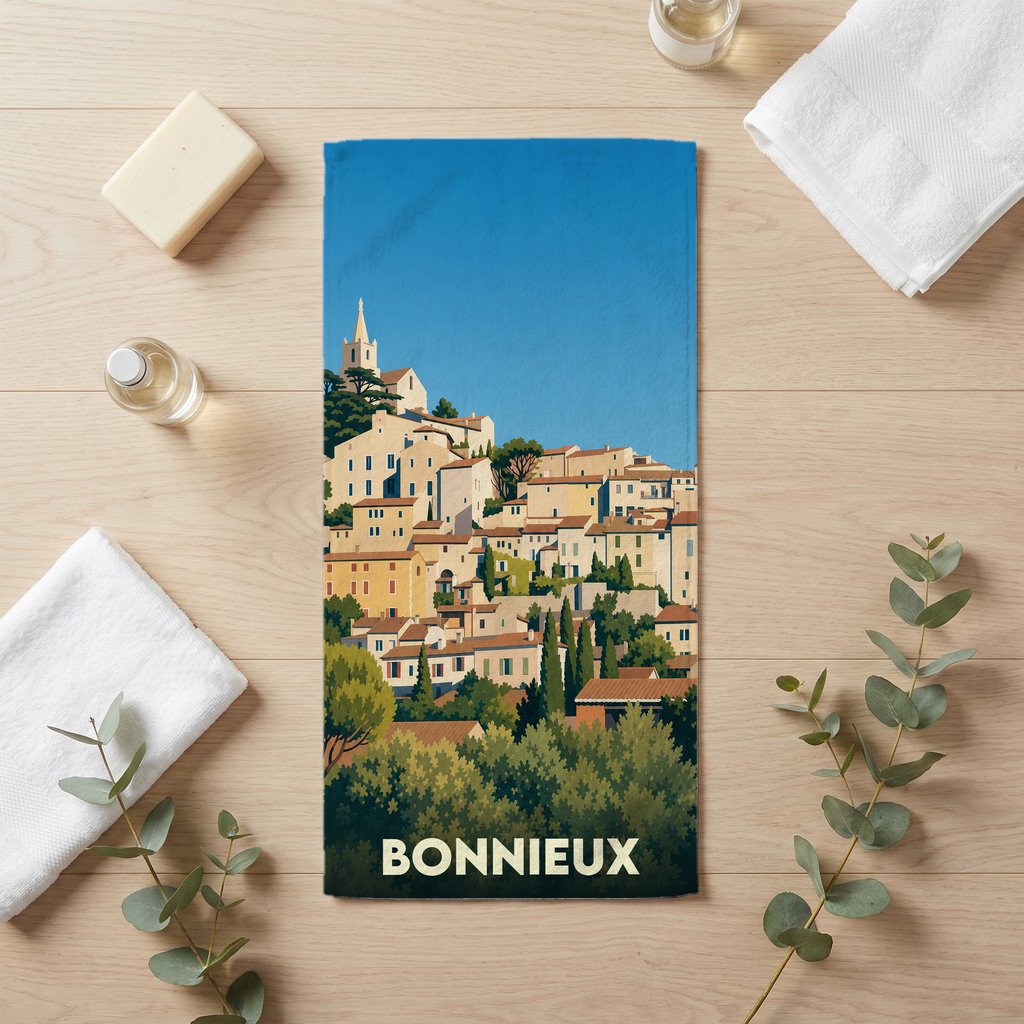 Serviette de bain souvenir de la ville de Bonnieux avec une illustration stylisée.