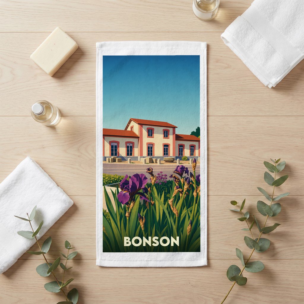 Serviette de bain souvenir de la ville de Bonson avec une illustration stylisée.