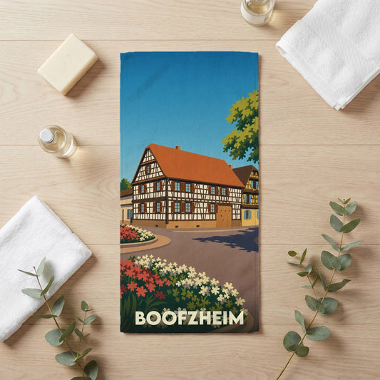 Serviette de bain souvenir de la ville de Boofzheim avec une illustration stylisée d'une maison à colombages.