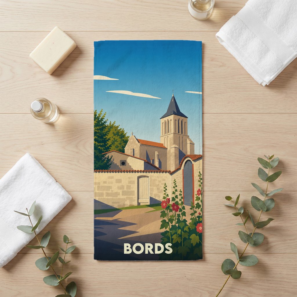 Serviette de bain souvenir de la ville de Bords avec une illustration stylisée.