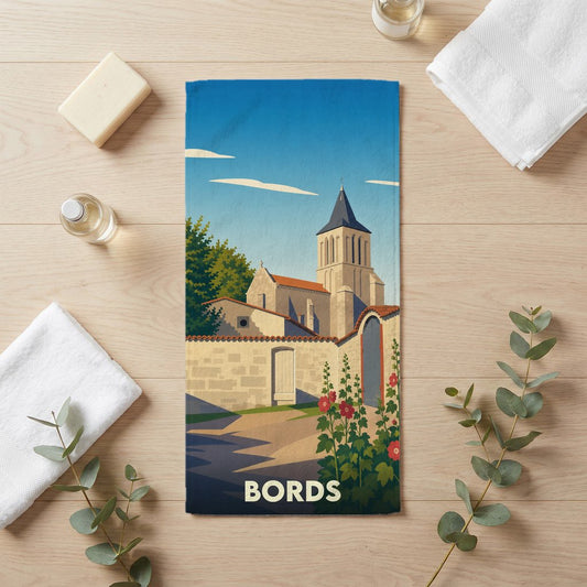 Serviette de bain souvenir de la ville de Bords avec une illustration stylisée.