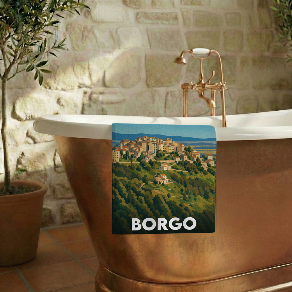 Serviette de bain souvenir de la ville de Borgo avec une illustration stylisée d'un village perché.