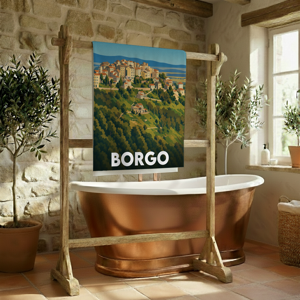 Serviette de bain souvenir de la ville de Borgo avec une illustration stylisée.