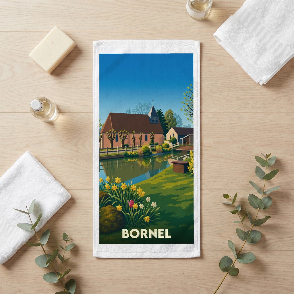 Serviette de bain souvenir de la ville de Bornel avec une illustration stylisée d'un paysage champêtre.