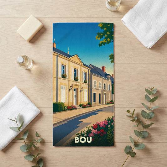 Serviette de bain souvenir de la ville de Bou avec une illustration stylisée.
